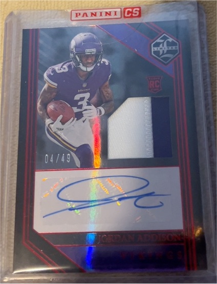 2023 Panini Limited CS Jordan Addison Rookie Patch Autograph #04/49 — front