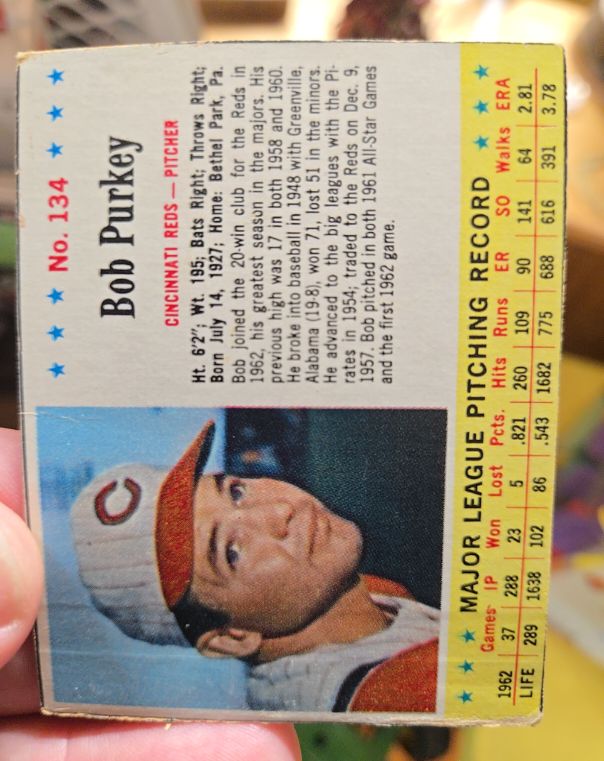 1963 Post Cereal #134 Bob Purkey — front