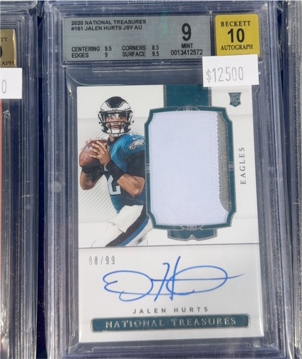 2020 Panini National Treasures #161 Jalen Hurts Rookie Patch Auto — front