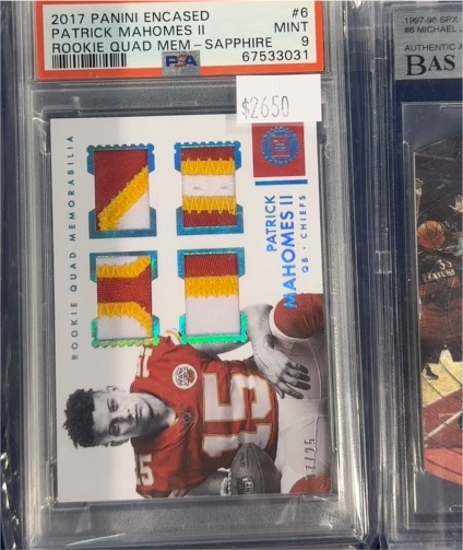 2017 Panini Encased #6 Patrick Mahomes II Rookie Quad Memorabilia Sapphire — front