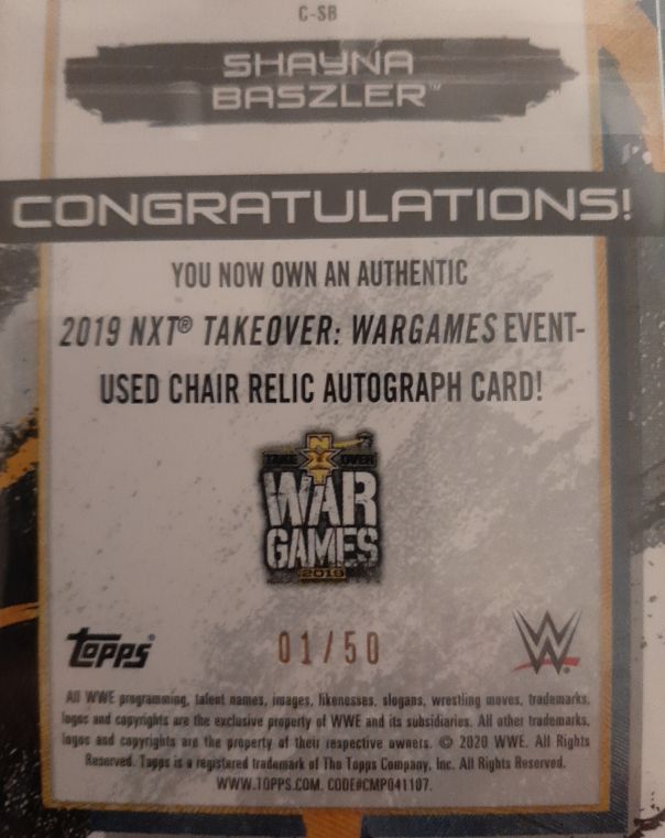2019 Topps NXT Takeover Wargames Event Used Chair Relic Autograph Card Shayna Baszler — front