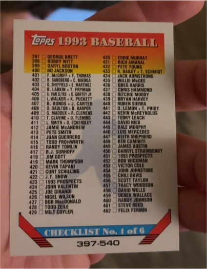 1993 Topps Baseball Checklist #397-540 — front