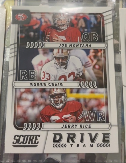 2017 Panini Score #17 Drive Team Joe Montana, Roger Craig, Jerry Rice — front