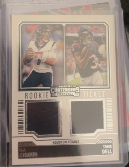 2023 Panini Contenders #DS-2 C.J. Stroud/Tank Dell Rookie Ticket Dual Patch — front