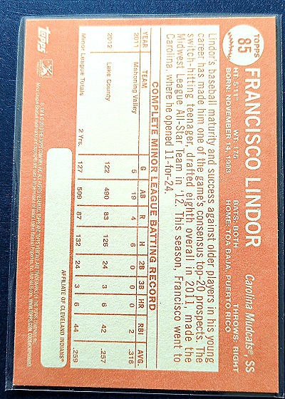 2013 Topps Heritage Minor League #85 Francisco Lindor — back