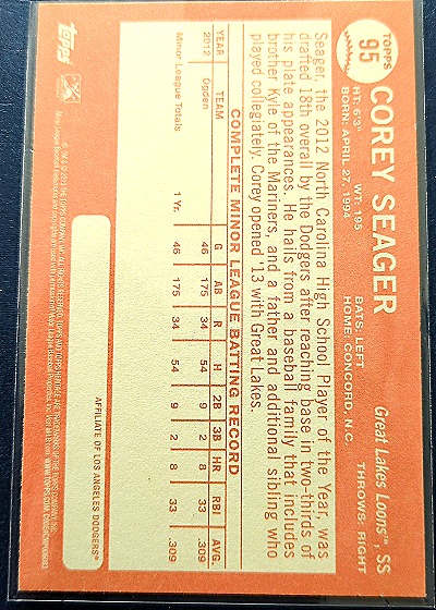 2013 Topps Heritage Minor League #95 Corey Seager — back