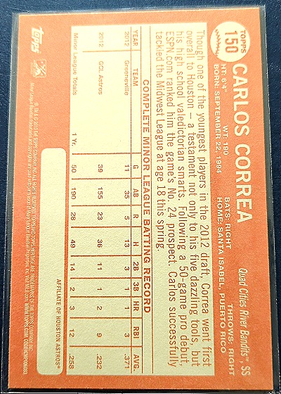 2013 Topps Heritage Minor League #150 Carlos Correa — back
