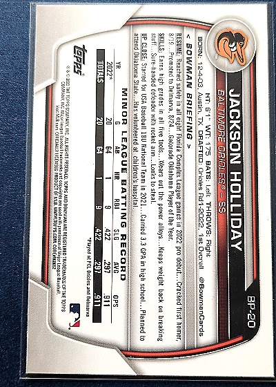 2023 Bowman Prospects #BP-20 Jackson Holliday — back