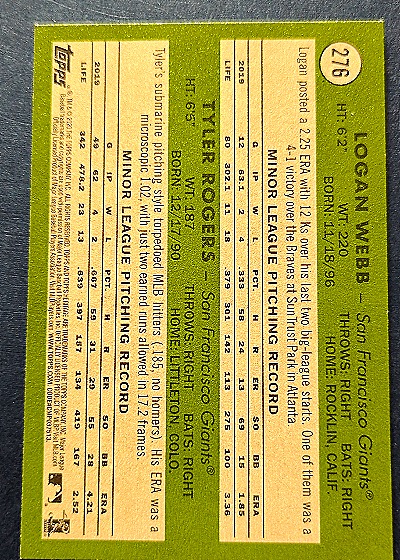 2020 Topps Heritage #276 Logan Webb Tyler Rogers Rookie Stars — back