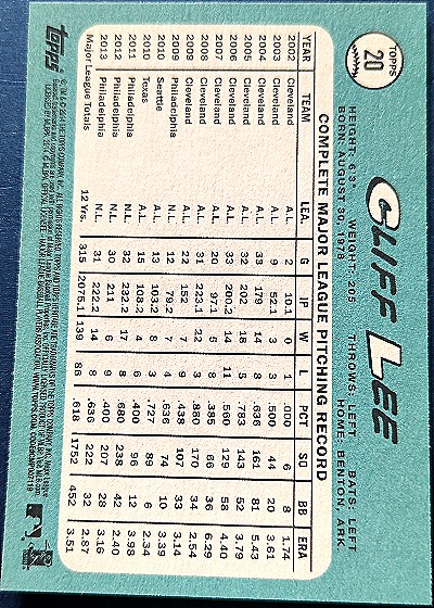 2014 Topps Heritage #20 Cliff Lee — back