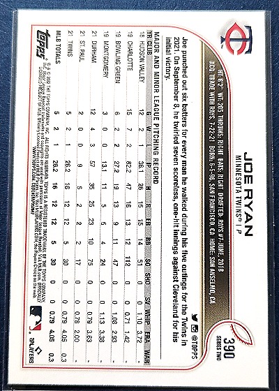 2022 Topps #390 Joe Ryan — back