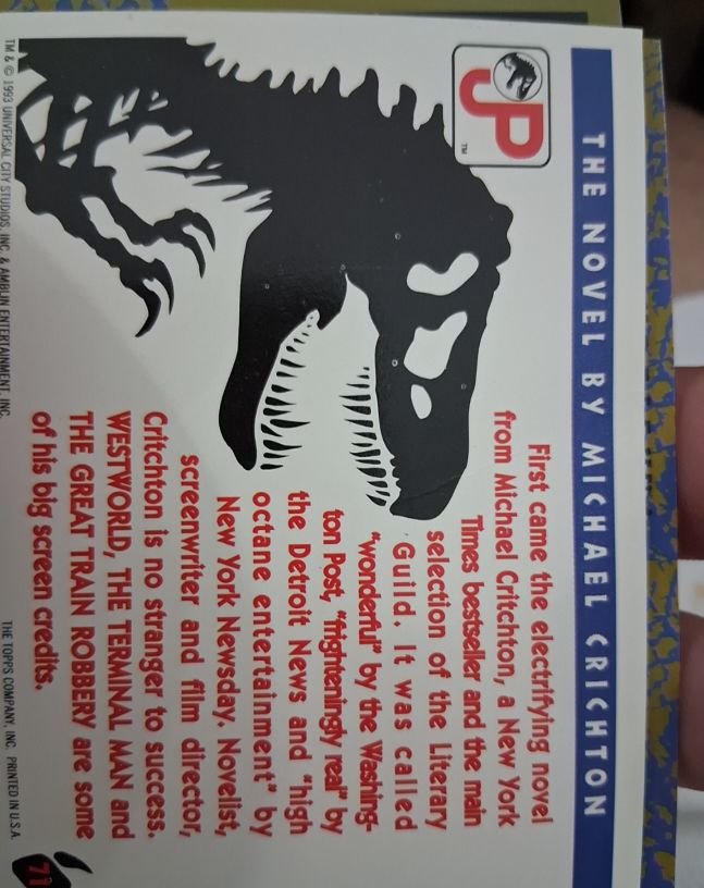 1993 Topps Jurassic Park #71 The Lost World Michael Crichton — front
