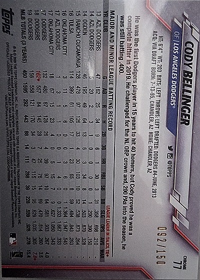 2020 Topps Chrome #77 Cody Bellinger — back