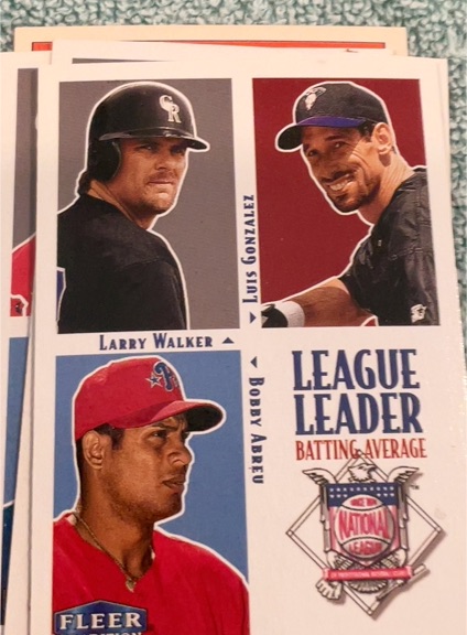 2000 Fleer Tradition #6 NL Batting Average Larry Walker / Luis Gonzalez / Bobby Abreu — front