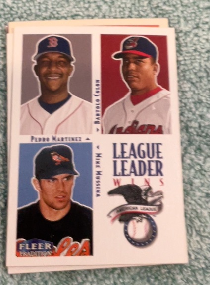 2000 Fleer Tradition #7 AL Wins Pedro Martinez / Bartolo Colon / Mike Mussina — front