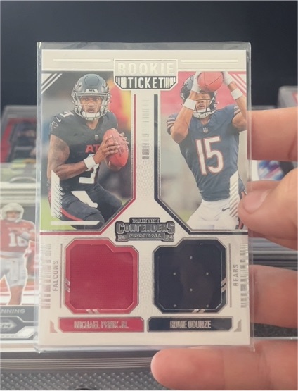 2024 Panini Contenders #DS-3 Michael Penix Jr. / Rome Odunze Rookie Ticket Dual Patch — front
