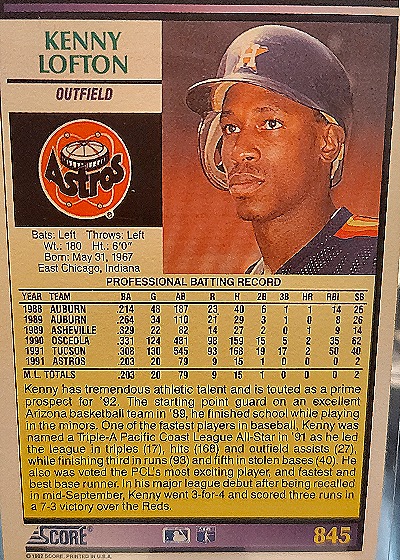 1992 Score #845 Kenny Lofton — back