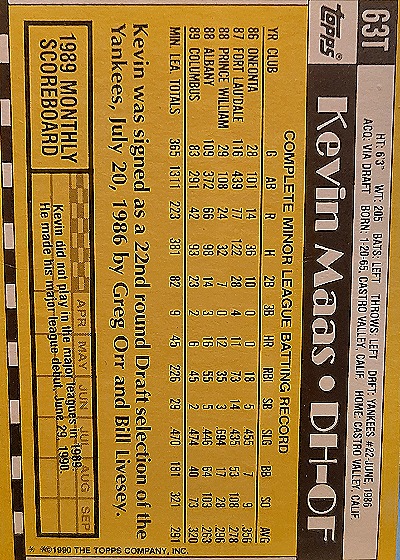 1990 Topps Traded #63T Kevin Maas — back