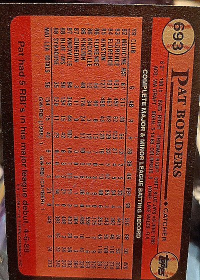 1989 Topps #693 Pat Borders — back