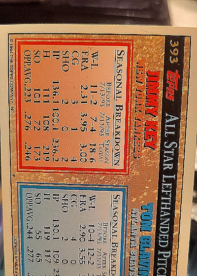 1994 Topps #393 Jimmy Key / Tom Glavine — back