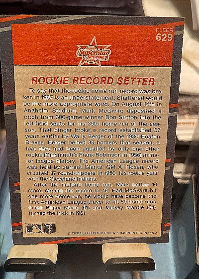 1988 Fleer #629 Mark McGwire Rookie Record Setter — back