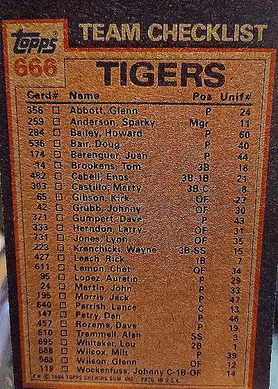 1984 Topps #666 Tigers Leaders / Checklist (Lou Whitaker / Jack Morris) — back