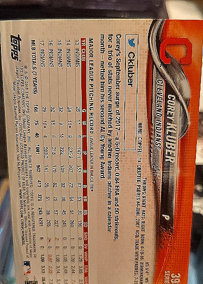 2018 Topps #393 Corey Kluber — back