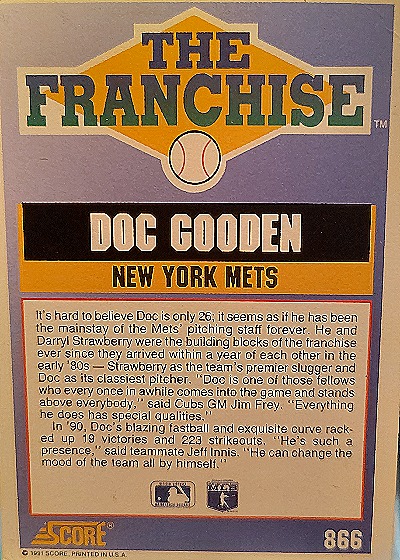 1991 Score #866 Doc Gooden — back