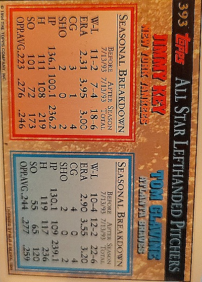 1994 Topps #393 Jimmy Key / Tom Glavine All Stars — back