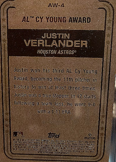 2023 Topps Heritage High Number Award Winner #AW-4 Justin Verlander — back