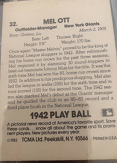 1942 Play Ball #32 Mel Ott — front