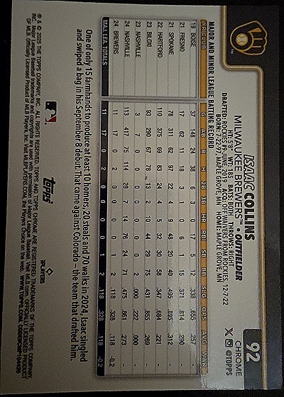 2025 Topps Chrome #92 Isaac Collins — back