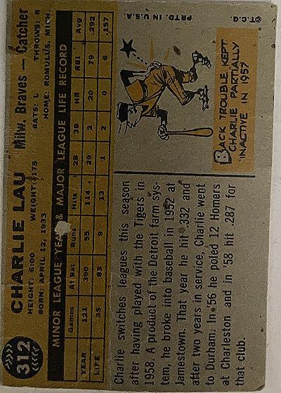 1958 Topps #312 Charlie Lau — front