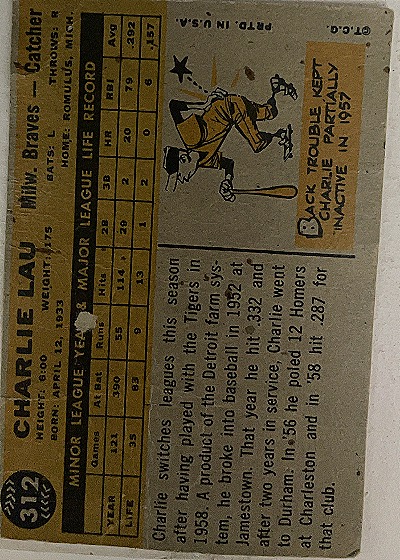 1958 Topps #312 Charlie Lau — back