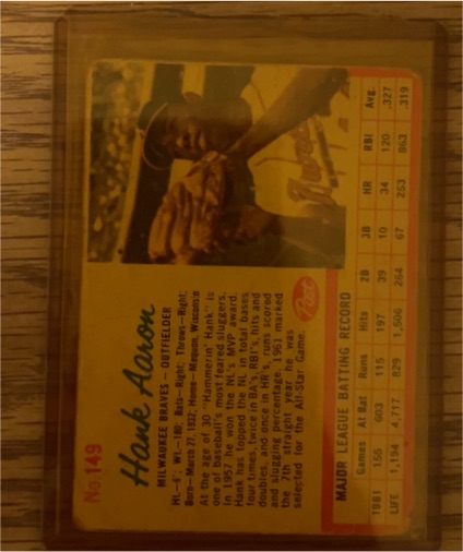 1962 Post Cereal #149 Hank Aaron — front