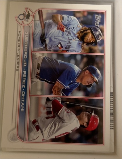 2022 Topps #48 AL HR Leaders Vladimir Guerrero Jr./Salvador Perez/Shohei Ohtani — front