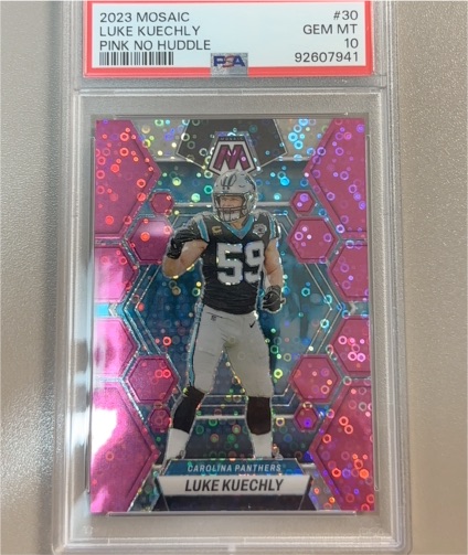 2023 Panini Mosaic #30 Luke Kuechly Pink No Huddle — front