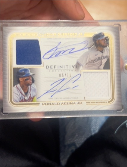 2023 Topps Definitive Dual Autograph Patch #05/15 Vladimir Guerrero Jr. / Ronald Acuna Jr. — front