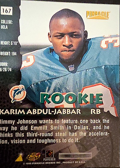 1996 Pinnacle #167 Karim Abdul-Jabbar Rookie — back
