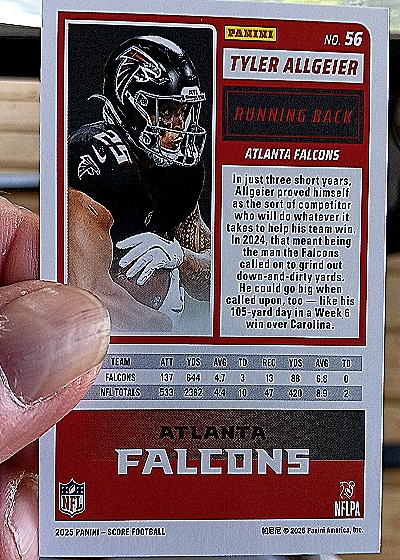 2025 Panini Score-A-Treat #56 Tyler Allgeier — back