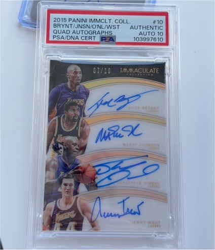 2015 Panini Immaculate Collection #10 Kobe Bryant/Magic Johnson/Shaquille O'Neal/Jerry West Quad Autographs — front