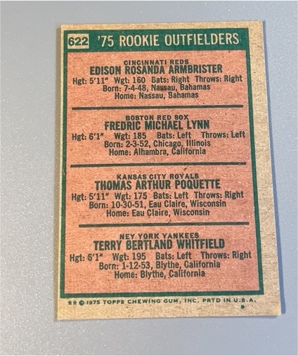 1975 Topps #622 Rookie Outfielders Edison Rosanda Armbrister / Fredric Michael Lynn / Thomas Arthur Poquette / Terry Bertland Whitfield — front