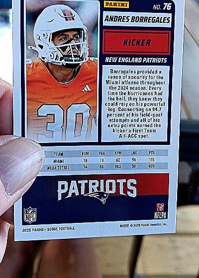 2025 Panini Score Football #76 Andres Borregales — back