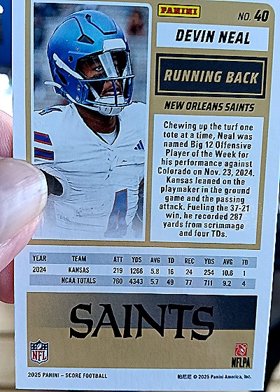 2025 Panini Score-A-Treat #40 Devin Neal — back