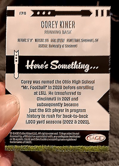 2025 Sage High Series #176 Corey Kiner — back