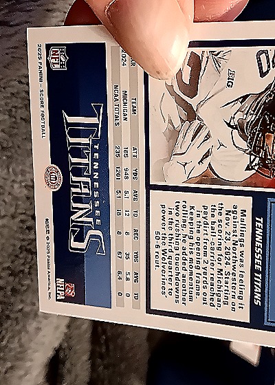 2025 Panini Score A Treat #62 Kalel Mullings Rookie RC - Tennessee Titans — back