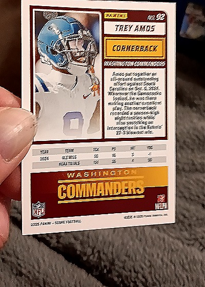 2025 Panini Score A Treat #92 Trey Amos — back