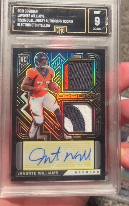2021 Panini Obsidian #22/25 Javonte Williams Dual Jersey Autograph Rookie Electric Etch Yellow — front