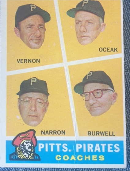 1960 Topps #467 Pirates Coaches Bill Burwell, Mickey Vernon, Frank Oceak, Sam Narron — front