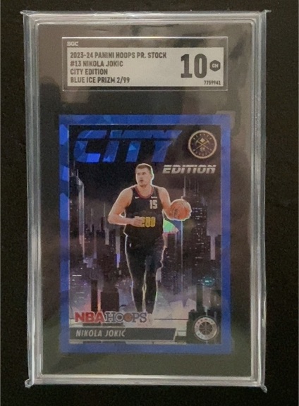 2023-24 Panini Hoops Premium Stock #13 Nikola Jokic City Edition Blue Ice Prizm — front